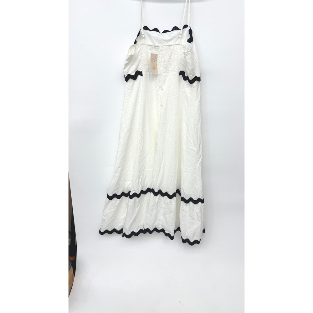 NWT White Linen Maxi Dress Black Ric Rac Trim Smocked Back Size L - Picture 6 of 8